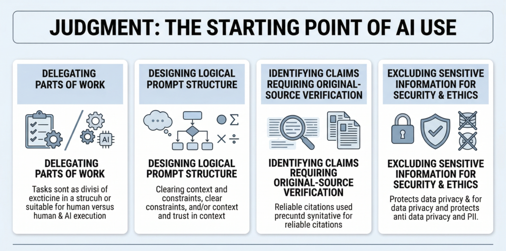 업무 위임, 프롬프트 구조 설계, 사실 검증, 보안 및 윤리Exclude 등 4단계 판단 프로세스를 시각화함.
